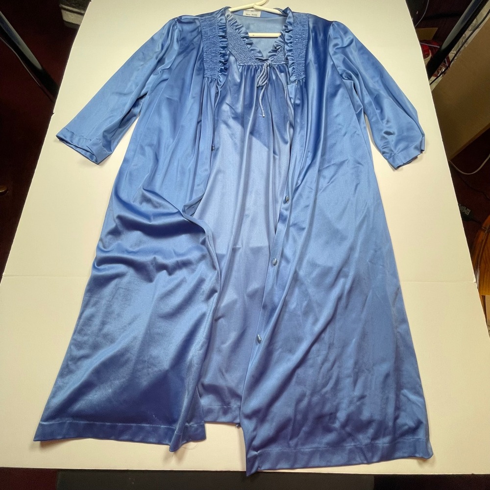 Vintage JCPenney Blue Antron III Nylon Robe and Nightgown Set Smocked Large Flaw